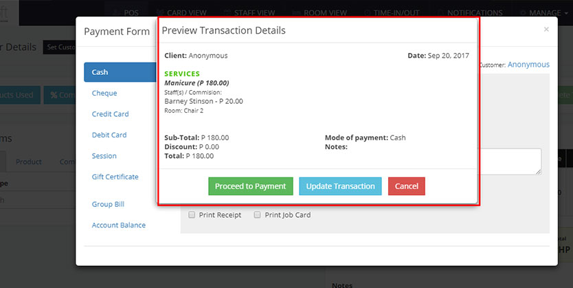 Preview Transaction Details | ZenSoft Philippines | Spa and Salon Software